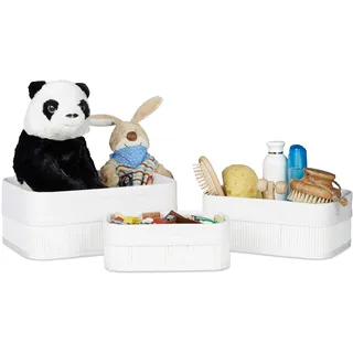 Relaxdays Aufbewahrungskorb 3er Set, Stoffbezug, Bambus, rechteckig, Bad, Accessoires, Spielzeug, Allzweckkorb, weiß,