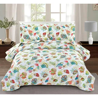 Smuge 3-teiliges buntes Muschel-Bettwäsche-Set, leicht, Strand-Thema, wendbare Tagesdecke, lebendiges Meereslandschaft-Bild, Korallen-Seestern, Jakobsmuschel, Bettwäsche-Set (gelb, Full/Queen)