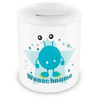 Samunshi® Kinder Spardose mit Namen und Lustiges Monster als Motiv für Kinder - Jungen und Mädchen Sparschwein 330ml weiß