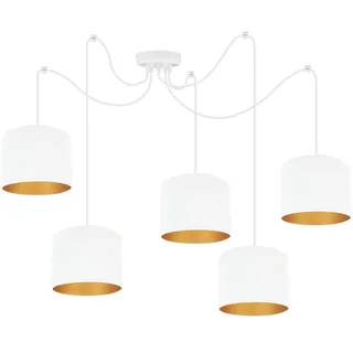 Light-Home Milan Spider Hängelampe - Hängeleuchte in Spinnenform - Deckenlampe – Spinne Lampe mit 5 Kopf - Hängeleuchte aus Metall und Stoff - E27 - Weiß und Gold - Weißes Kabel