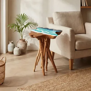Beistelltisch Teakholz Epoxidharz B: 45 cm Baumscheibe Unikat Tisch BALI