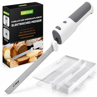 NutriChef Elektrisches Messer, kabellos Küchenmesser mit USB-C-Akku, Weiß | Edelstahlklingen für Fleisch, Brot und Käse, ergonomischer Griff, Sicherheitsverriegelung, Aufbewahrungsbox