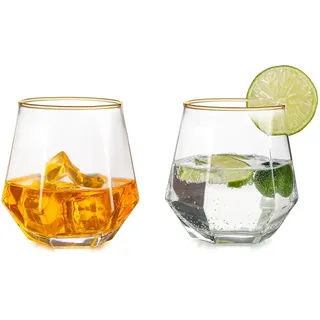 Inweder Trinkgläser 2er Set - Stiellose Weingläser Au Wodka Gläser Goldrand Whiskey Gläser Kraken Rum Glas Geometrische Whisky Tumbler Geschenkset für Männer Geburtstag Vatertag Jahrestag