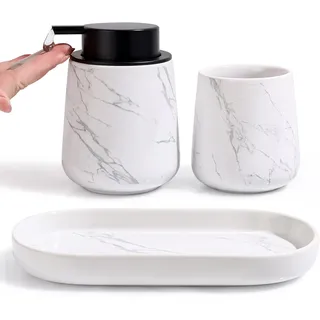 Badezimmer Set Umlaca Bathroom Accessories,3-teiliges Zubehör Enthält 350ml Seifenspender,320ml Zahnputzbecher und Seifenschale,Geeignet für Bad,Waschbecken (Marmorierter Flüssigseifenspender)
