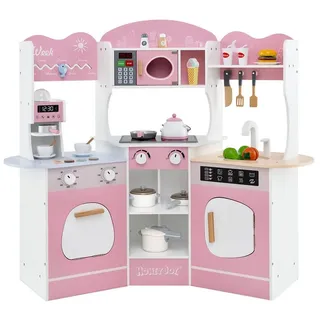 COSTWAY Spielküche Holz, Eck Kinderküche Holz mit Sound & Licht rosa