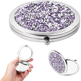 KYSUN 7 cm Taschenspiegel, Kleiner Runder Tragbarer Handspiegel, Mini Schminkspiegel 1X / 2X, Kompakter Kosmetikspiegel, Faltbar & Doppelseitig für Frauen Mädchen, Diamant aus Roségold