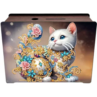 CXINLky 5D Diamond Art Painting Spardose, Diamant Painting Sparbüchse aus Holz, Diamant Painting Fortune Box Ankreuzen Sparbox Geldsparbox Cash Box-09-Katze