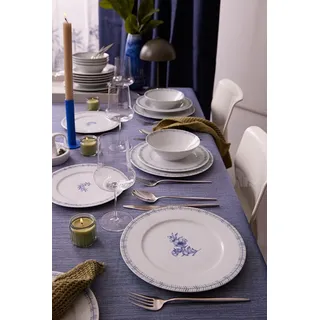 Elegant 24-Piece Dinner Set, 100% Porcelain, White & Blue | Includes Service Plates, Bowls & Dessert Plates | Microwave & Dishwasher Safe
