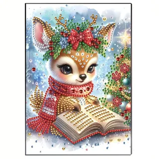 Diamond Art Painting Weihnachten Notizbuch A5, DIY Weihnachten 50 Seiten Skizzenbuch Blanko, Diamont Painting Notizbuch mit Exquisitem Musterdesign, Tagebuch Leder, Skizzenbuch-12-Reh