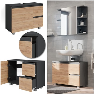 Vicco Waschtischunterschrank Waschbeckenunterschrank Badschrank J-shape Anthrazit Eiche modern 80x61cm Badezimmer Schrank Badmöbel Schranktür Schrankschublade Aufbewahrung