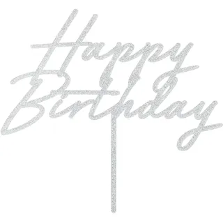 Cake Topper Happy Birthday Silber – eleganter Tortenstecker Geburtstag, silberne Kuchendeko für Geburtstagstorte, Party, Jubiläum & Kindergeburtstag, 18 x 16,5 cm, Acryl