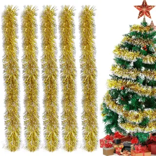 Lametta Girlande Weihnachten Gold, 5 Stück Weihnachtsgirlanden Glänzend Girlande Weihnachten Deko, Weihnachtsbaumschmuck Girlande Lamettergirlande Weihnachtsbaum Dekoration