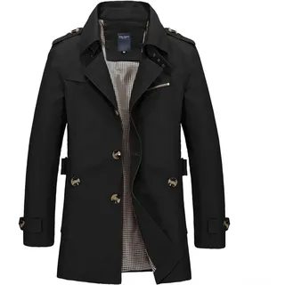 Langer Herren-Trenchcoat mit Reverskragen, Knopfleiste vorne, einfarbiges Polyestergewebe und mittellang (4XL Schwarz)