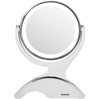 Auxmir Kosmetikspiegel mit 1-/ 10X Vergrößerung mit Blendfreier LED Beleuchtung, Doppelseitiger Schminkspiegel USB Aufladbar, Tischspiegel 360° Drehbar für Schminken, Rasieren und Gesichtspflege, Weiß