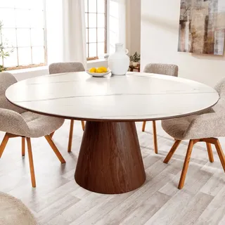 riess-ambiente Runder Esstisch UNIQUE 120cm weiß braun Walnussholz-Design Keramik Marmor Säulenfuß - Weiß