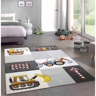 Kinderteppich Spiel Teppich Kinderzimmer Baustelle Straßenschilder Bagger Kran creme grau gelb, Carpetia, rund, Höhe: 13 mm gelb|grau rund - 120 cm x 120 cm x 13 mm