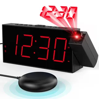 Wecker mit Projektion, Lauter wecker für Schwerschläfer, Hörgeschädigte, Gehörlose, Projektionswecker für Schlafzimmer, Decke, Wand, 3 Weck-Modi, Dimmer, Snooze, 5-Stufe-Lautstärke, Batterie Backup