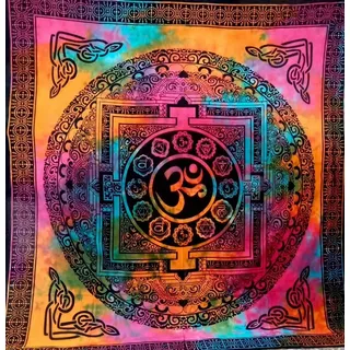 KUNST UND MAGIE Wandteppich AUM Tagesdecke Wandbehang Bunt Dekotuch OM Yantra Mandala ca.200x230cm bunt