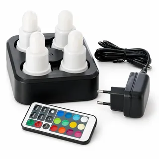 ReWu Duni LED-Set - 4 Stück - Warmweiß & Multicolour Mehrfarbig Wiederaufladbar Inklusive Ladestation & Fernbedienung Tischleuchten LED-Kerzen Alternative Teelichter