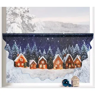 heimtexland Scheibengardine Weihnachten Fensterdeko Gardine Weihnachtsgardine (1 St), Stangendurchzug, halbtransparent, Leinen-Optik, 45x90 cm I durchscheinend I bedruckt I Winter Chalet bunt