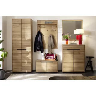 Garderoben-Set >ARAYA< 5-teilig, mit geölter Massivholzfront, Eiche-Optik, gedämpften Drehtüren, Spiegel, Kommode, Schrank & Paneel – stilvoll & funktional für den Flur, - 227x195x40,5 (BxHxT).