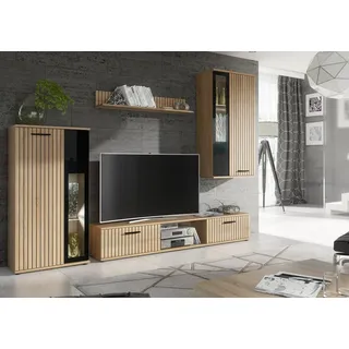 ASM-Moebel Wohnwand Wohnwand WOW HJZ mit Lamellen und Led Beleuchtung, Mit Lamellen und Led Beleuchtung beige