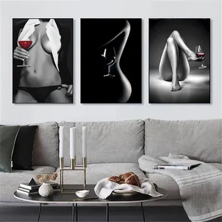 AWKFHF Schwarz Weiß Bilder Sexy Frau mit Weinglas Leinwand Malerei Poster Kunstdruck Schlafzimmer Wohnzimmer Wand Deko(Kein Rahmen) (3X60X90CM)