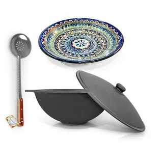 ZARENHOFF Kochtopf Kasan Set 12L – Usbekischer Gusseisen Kazan Dutch Oven mit flachem Boden, Deckel, Holzlöffel, Schaumlöffel, Schöpfkelle, Holzspachtel & Lagan Ø 34 cm – Outdoor & Herd