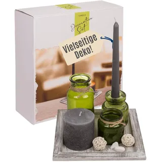 Weiß/naturfarbener Holz-Teller, 20 x 20 cm, mit Glasvase, Glas-Teelicht/-kerzenhalter (2in1), Kerze im Glas, Stumpenkerze, Spitzkerze & Dekosteinen, im Geschenkkarton