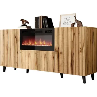 Mirjan24 Kommode Vailbo 180 mit Elektrischem Kamin, Mehrzweckschrank mit 3 Türen, Realistische LED-Flamme, Anrichte, Highboard, Sideboard, Esszimmer (Eiche Wotan)
