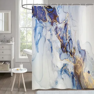 Hnmdmyi Duschvorhang Marmor Optik 180x180, Blau und Gold Glitzer Duschvorhänge Abstrakt Modern Luxus Kunst Dekorative Badewanne Vorhang Wasserdicht Polyester Stoff Waschbar Badevorhang mit Haken