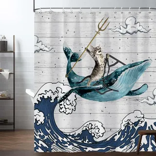 Ttincceer Cool Cat Duschvorhang Katze reiten Wal im Ozean Duschvorhänge für Kinder Badezimmer Dekor rustikalen hölzernen Bauernhaus Duschvorhang mit Haken wasserdicht 180x180cm