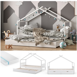 VITALISPA Kinderbett DESIGN Hausbett Gästebett Lattenrost weiß 90x200 Matratze