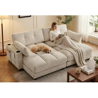 LVHOM Polsterliege Ottomane/Loungesofa/Polsterbett/Daybett/Gästebetten/Schlafsofa (USB/Typ C-Ladeanschlüssen, Seitentaschen, Getränkehalter, modularer Flexibilität Palmen Sessel, links & rechts tauschbare Armlehnen, Schlaffunktion, Platzsparend, 2-St., Multifunktional für Kleinwohnung, Homeoffice und Gästeübernachtung), Perfekt für Wohnzimmer, Schlafzimmer, Jugendzimmer, Gästezimmer beige