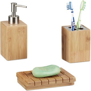 Relaxdays Badaccessoires Bambus, 3-teiliges Badezimmer Set aus Seifenspender, Seifenschale u. Zahnbürstenhalter, natur, 10 x 15 x 17.5 cm