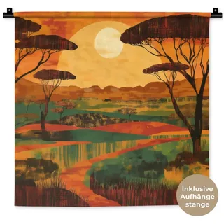 MuchoWow Wandteppich Landschaft - Afrikanisch - Sonne, Quadratisch, Höhe: 3 mm, Wand Teppich, Deko für an den Wand, 60x60 cm Quadratisch | 60 cm x 60 cm x 3 mm