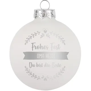 Herz & Heim® Weihnachtskugel aus Glas mit persönlicher Gravur/Rot oder Weiß/Matt oder Hochglanz/Ø 8 oder 10 cm/Verschiedene Motive Ø 8 cm, Weiß Matt, 3 Zeilen Wunschtext