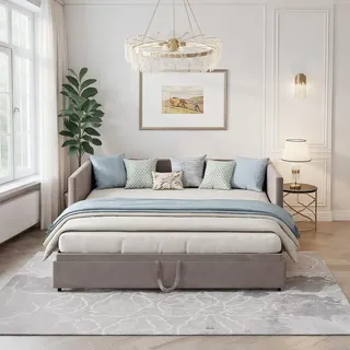 MISNODE Schlafsofa 90/180x200 cm Ausziehbar, Polsterbett Tagesbett mit Ausziehbett und Gästebett, Samt Schlafcouch 2‐Sitzer zum Doppelbett Ausziehbar, Bettsofa für Wohnzimmer/Gästezimmer, Grau