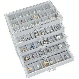 Kongming Acryl Schmuckkästchen 5 Ebenen, Schmuckkasten mit 5 Samt Schmuckaufbewahrung Schublade Jewelry Organizer mit Aufnehmbare Tabletts für Schmuck Aufbewahrung, Halsketten, Ringe, Ohrringe (Grau)