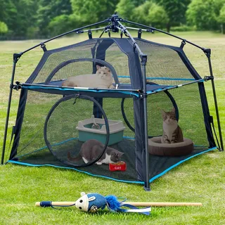 ITENT Großes Catio Katzenzelt für den Außenbereich, 2-stöckiges Katzenzelt, geräumig, stabil, für den Außenbereich, tragbares und faltbares Laufgitter, Spielzelte für Katzen, Kätzchen und Kleintiere,