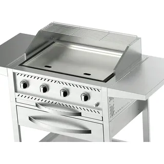 METRO PROFESSIONAL 4-Brenner Gasgrill mit Plancha, Grillfläche 49 x 76 cm, Ablagetisch, fahrbar, Stahl, silber