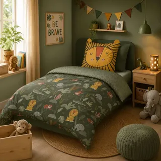 Kinder Bettwäsche Set 135x200 80x80 cm Dschungel Löwe Bettwäsche mit Ohren, 2 teilig, Renforcé aus 100% Baumwolle mit Reißverschluss - Grün
