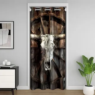 Homewish Bull Skull Verdunkelungs Vorhang Scheune Holz Wagon Rad Tür Vorhang für Kinder Kinder Teens Rustikale Holzbrett Türvorhang Flur Eingang Pantry Dekor 106x203cm,Weiß Braun