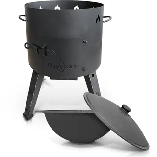 Utschak Feuerofen mit Gusseisen Topf flacher Boden mit Deckel 16 L Ø 44 cm Kazan Учаг Uchag казан Kasan Oven учак (Set 1) schwarz