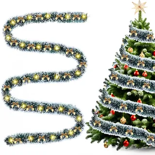 Weihnachtsgirlande mit Beleuchtung Rote Schleifen, 5m/10m Girlande Weihnachten Beleuchtet Batterie Tannengirlande mit Beleuchtung Weihnachtsdeko Girlande für Weihnachtsbaum Treppen (Gold 10m)
