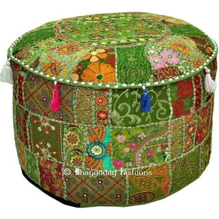 Bohemian Vintage Embroidered Pouf Ottoman Footstool Cover Indian Round Ottoman Stool Pouf Pillow, Ethnic Embroidered Pouf Cover, Indian Cotton Round Pouffe Ottoman Pouf Cover Pillow Ethnic Decor Art, 14x22 Inch. By Bhagyoday by BhagyodayFashions