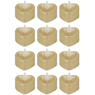 Garosa 12 LED Flammenlose Teelichter Herzform, Warmweiß, Batteriebetrieben, Kunststoff, für Hochzeit Party Weihnachten Valentinstag, Gold