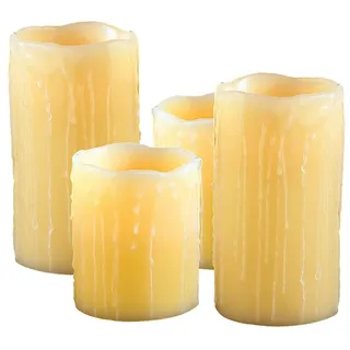 Britesta LED-Kerzen Flackerdocht: 4er-Set LED-Echtwachskerzen "Glow by Blow", Luftzug-Sensor, 10 & 15 cm (Batterie-Kerzen mit Flamme, mit Pustfunktion)