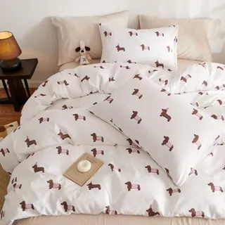 Freyamy Dackel Bettwäsche 200x200cm Mädchen Weiß Rosa Braun Dackelmuster Bettwäsche-Sets Wende Microfaser Kinderbettwäsche ÖKO-TEX Deckenbezug 1 Bettbezug mit Reißverschluss und 2 Kissenbezug 80x80cm