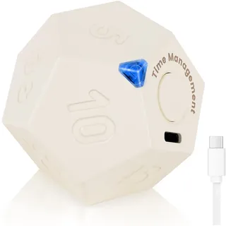 Cuteefun Pomodoro Timer, Drehbarer Würfel Timer, Wiederaufladbarer Küchenuhr mit Vibration, Timetimer für Kinder mit 12 Seiten, Kurzzeitwecker mit Einstellbarem Ton für Küche, Studium, Weiß